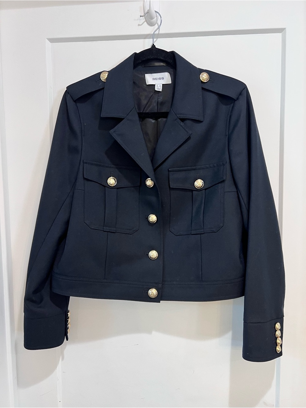 REISS Black Military Cropped Jacket Gold Crest Buttons Size 8 NWOT - Picture 4 of 10